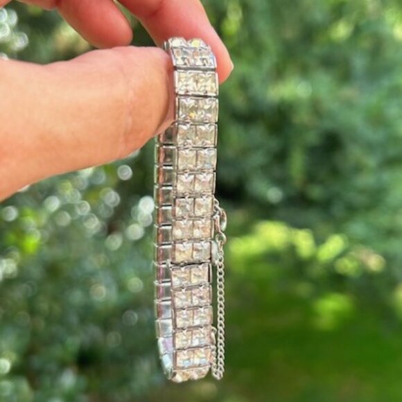 WEISS Rhinestone 2 Row Tennis BRACELET - Picture 1 of 9